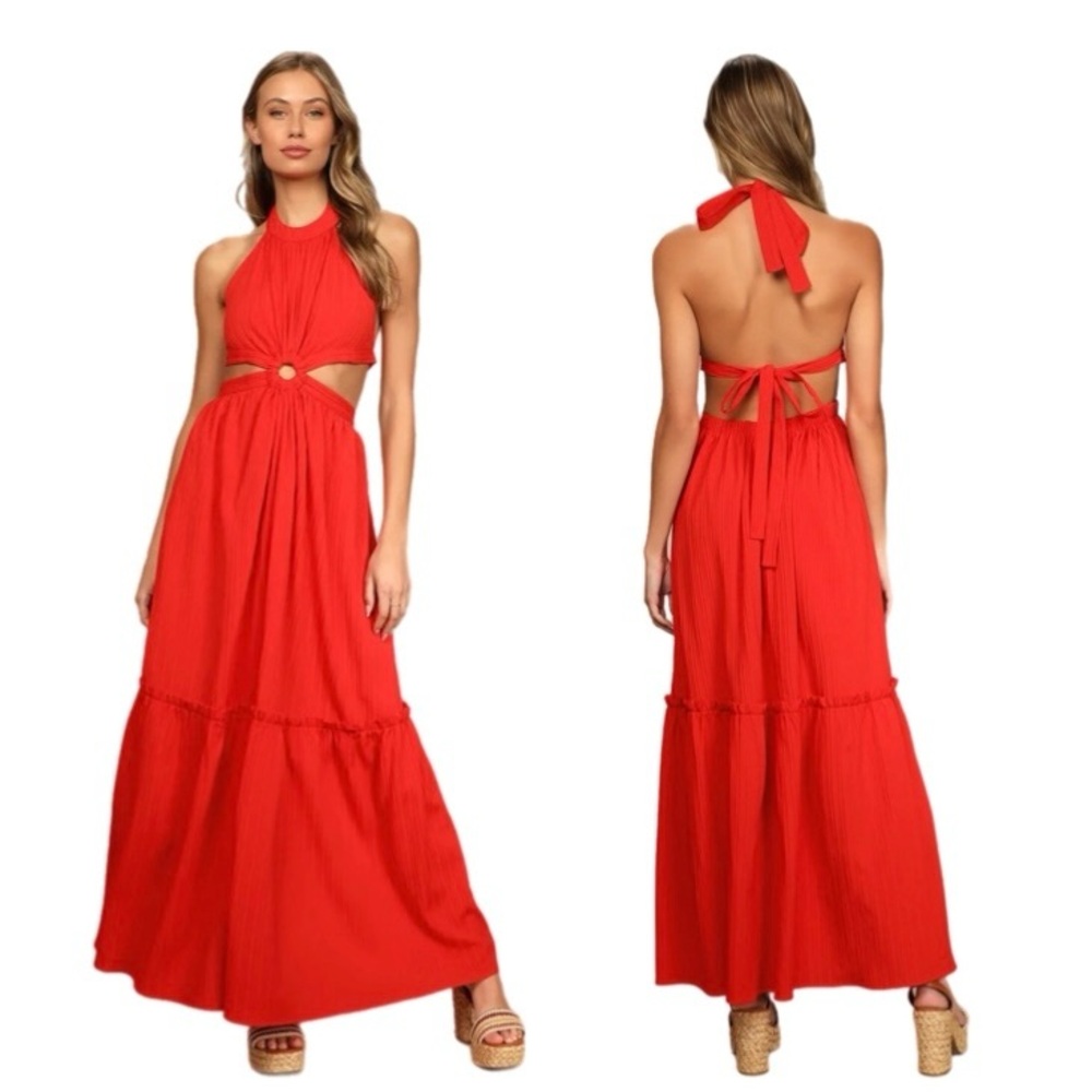 Lulu's Vibrant Red Halter Backless Dress